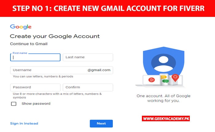 STEP NO 1 CREATE NEW GMAIL ACCOUNT FOR FIVERR - HOW TO CREATE ACCOUNT ON FIVERR