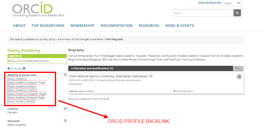 How to create backlink from ORCID